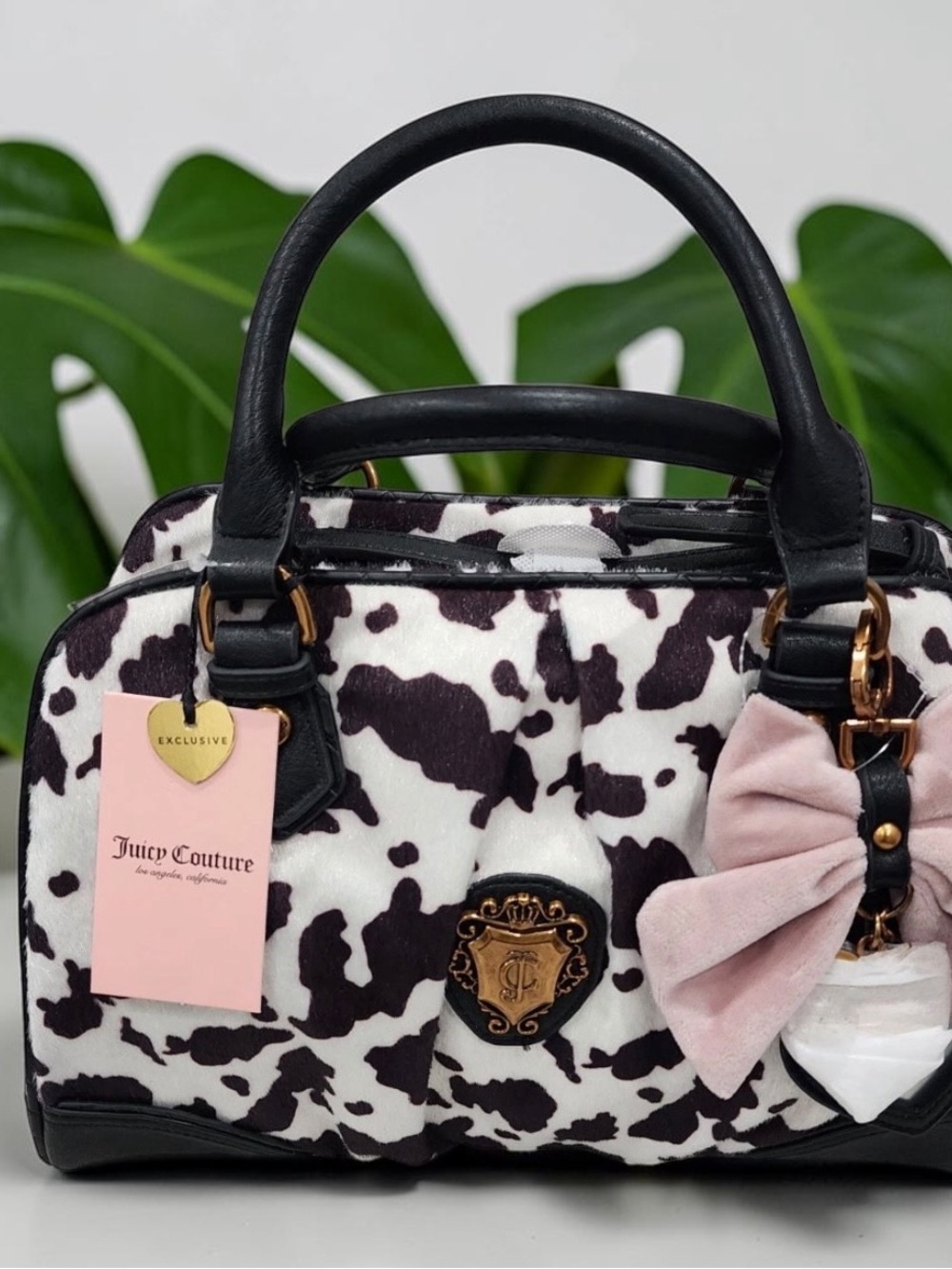 Juicy Couture Black & White Cow Print Romance Satchel with Pink Bow